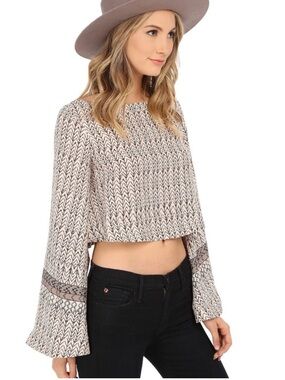 Free People Neutral Chevron Bell-Sleeve Crop Top